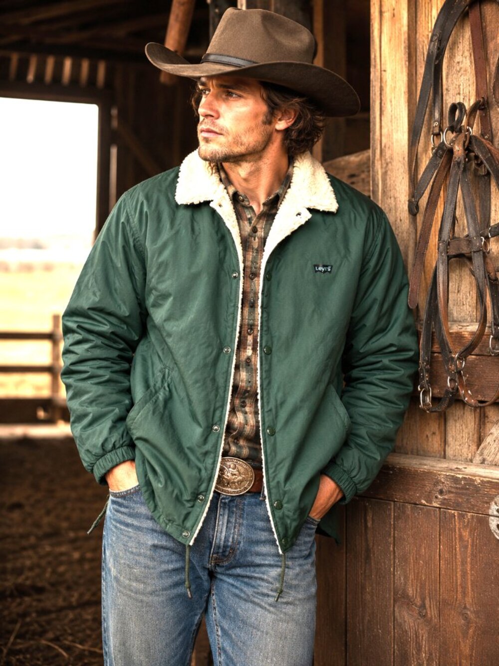 Levis Sherpa Lined Coach Jacket Green Mens M Western Ranch Barn Coat